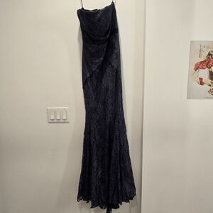 Badgley Mischka Navy Ruched Strapless Metallic Lac Dress